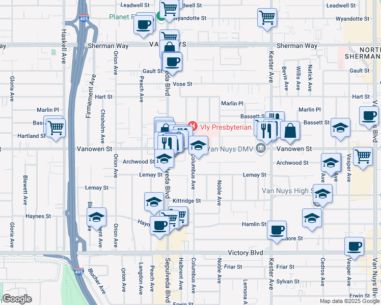 map of restaurants, bars, coffee shops, grocery stores, and more near 15216 Vanowen Street in Los Angeles