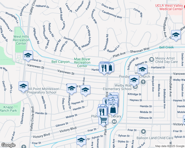 map of restaurants, bars, coffee shops, grocery stores, and more near 23813 Vanowen Street in Los Angeles
