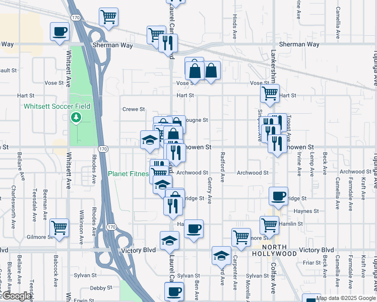 map of restaurants, bars, coffee shops, grocery stores, and more near 11918 Vanowen Street in Los Angeles