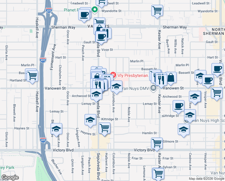 map of restaurants, bars, coffee shops, grocery stores, and more near 15216 Vanowen Street in Los Angeles