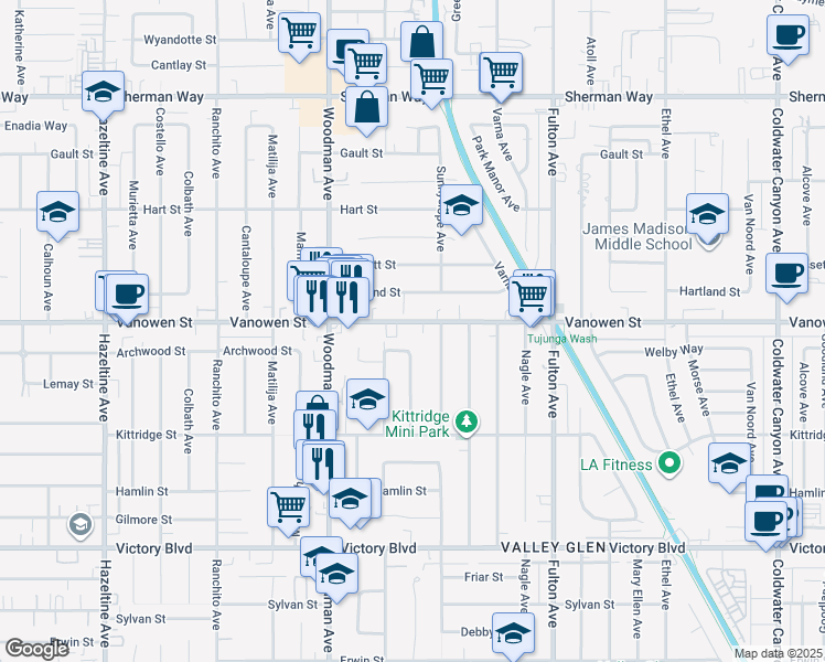 map of restaurants, bars, coffee shops, grocery stores, and more near 13538 Vanowen Street in Los Angeles