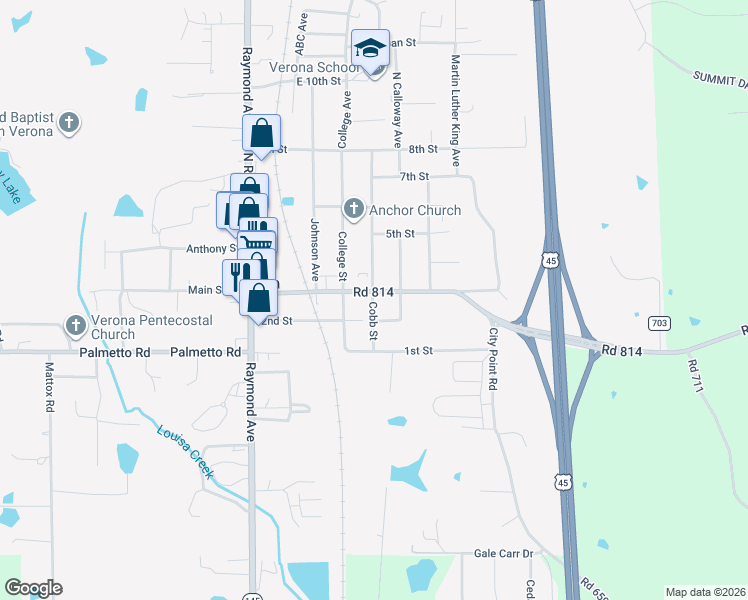 map of restaurants, bars, coffee shops, grocery stores, and more near 221 Main Street in Tupelo