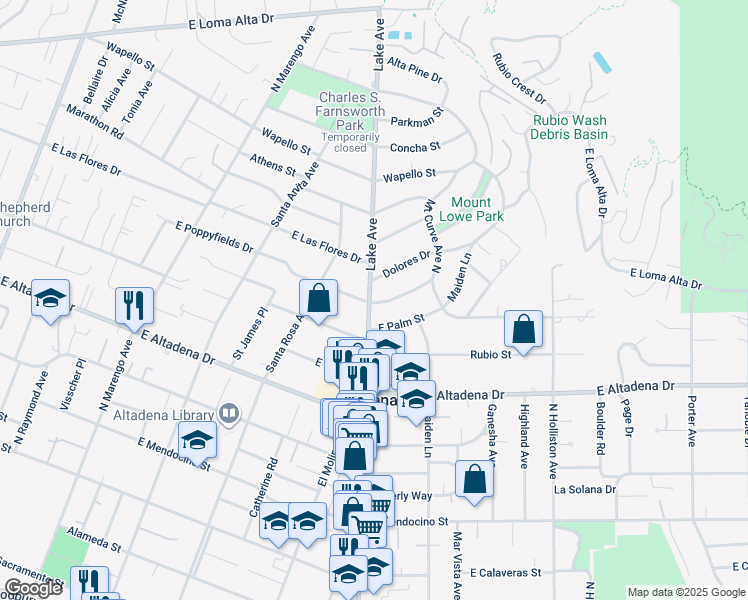 map of restaurants, bars, coffee shops, grocery stores, and more near 907 East Poppyfields Drive in Altadena