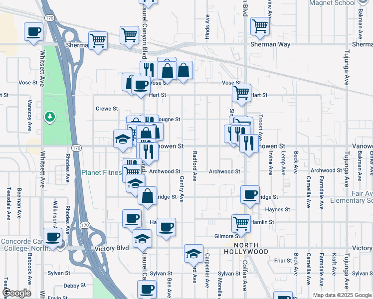 map of restaurants, bars, coffee shops, grocery stores, and more near 11918 Vanowen Street in Los Angeles