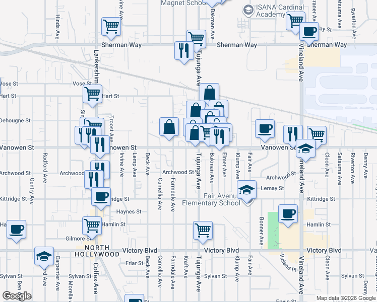 map of restaurants, bars, coffee shops, grocery stores, and more near 11426 Vanowen Street in Los Angeles
