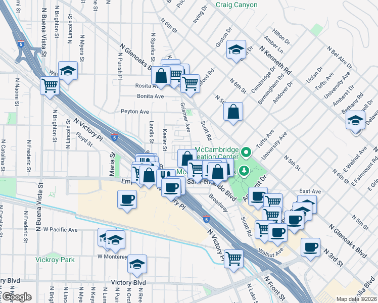 map of restaurants, bars, coffee shops, grocery stores, and more near 1711 Grismer Avenue in Burbank