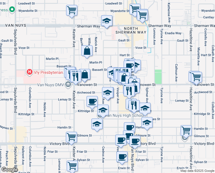 map of restaurants, bars, coffee shops, grocery stores, and more near 14629 Vanowen Street in Los Angeles
