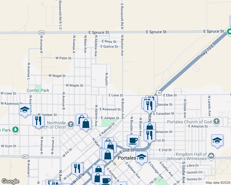 map of restaurants, bars, coffee shops, grocery stores, and more near 1321 North Boston Avenue in Portales