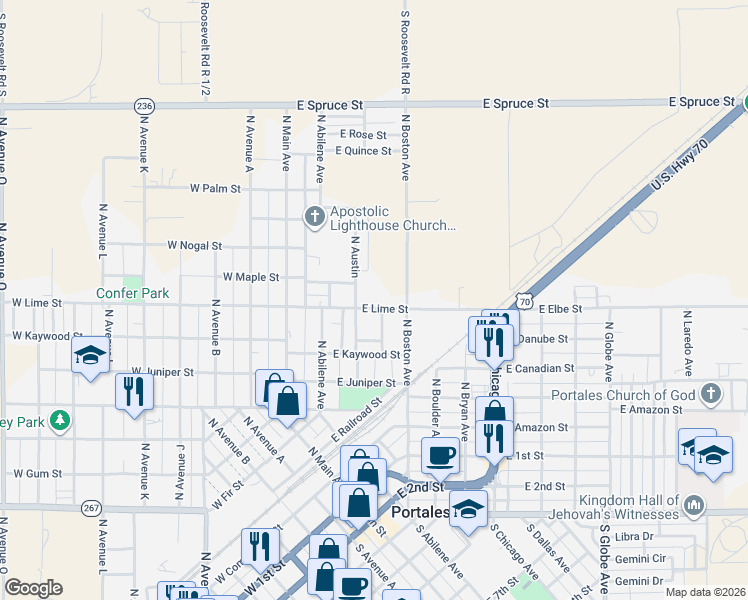 map of restaurants, bars, coffee shops, grocery stores, and more near 1321 North Boston Avenue in Portales