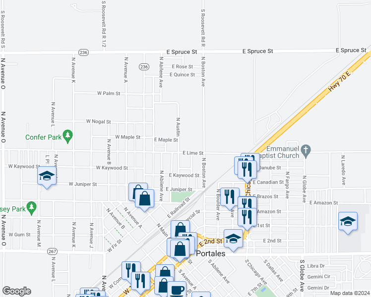 map of restaurants, bars, coffee shops, grocery stores, and more near 1321 North Boston Avenue in Portales