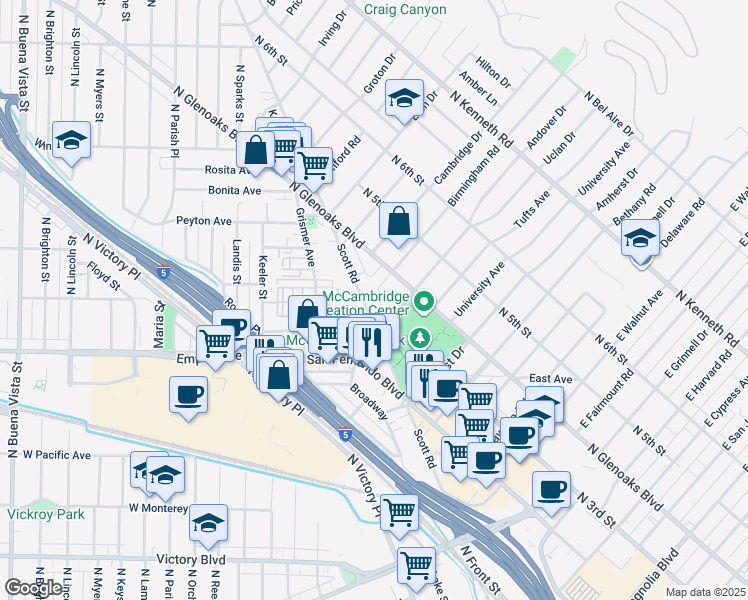 map of restaurants, bars, coffee shops, grocery stores, and more near 1720 Scott Road in Burbank