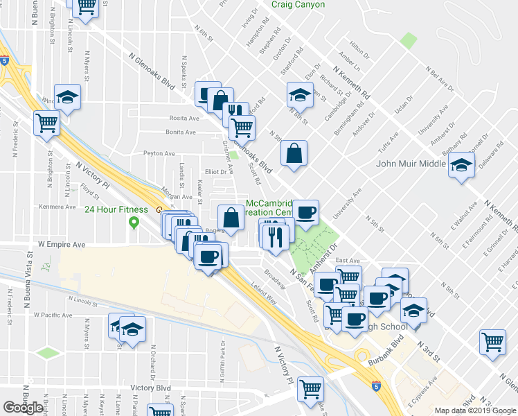 map of restaurants, bars, coffee shops, grocery stores, and more near 1720 Grismer Avenue in Burbank