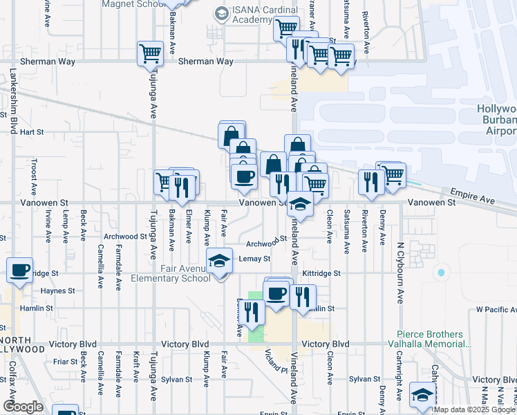 map of restaurants, bars, coffee shops, grocery stores, and more near 6763 Case Avenue in Los Angeles