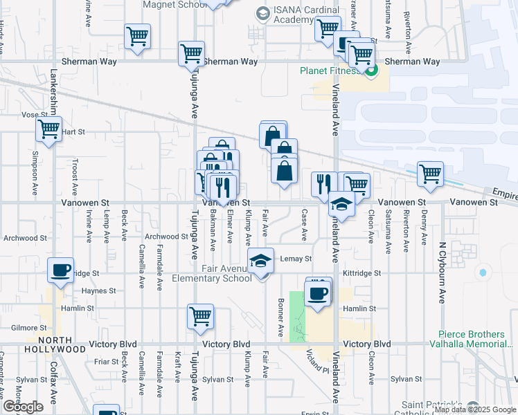 map of restaurants, bars, coffee shops, grocery stores, and more near 10901 West Vanowen Street in Los Angeles