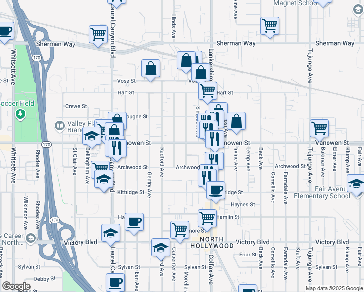 map of restaurants, bars, coffee shops, grocery stores, and more near 11818 Vanowen Street in Los Angeles
