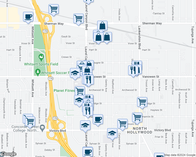 map of restaurants, bars, coffee shops, grocery stores, and more near 12019 Vanowen Street in Los Angeles