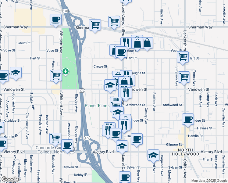 map of restaurants, bars, coffee shops, grocery stores, and more near 12145 Vanowen Street in Los Angeles