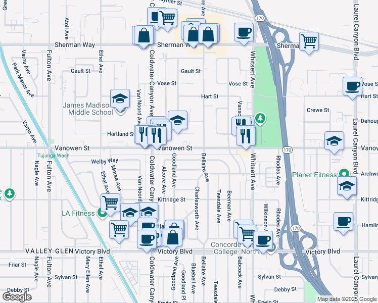 map of restaurants, bars, coffee shops, grocery stores, and more near in Los Angeles