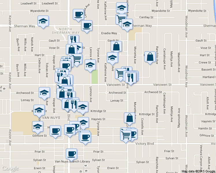 map of restaurants, bars, coffee shops, grocery stores, and more near 14227 Vanowen Street in Los Angeles