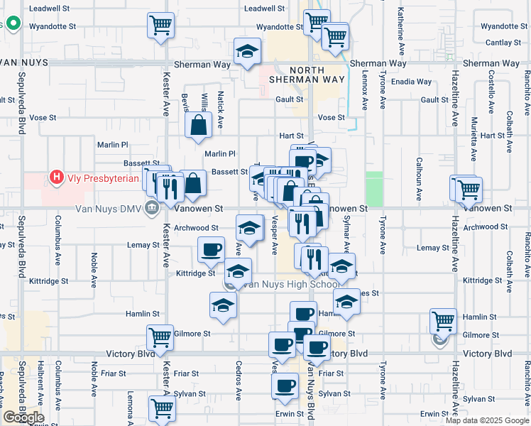 map of restaurants, bars, coffee shops, grocery stores, and more near 14614 Vanowen Street in Los Angeles