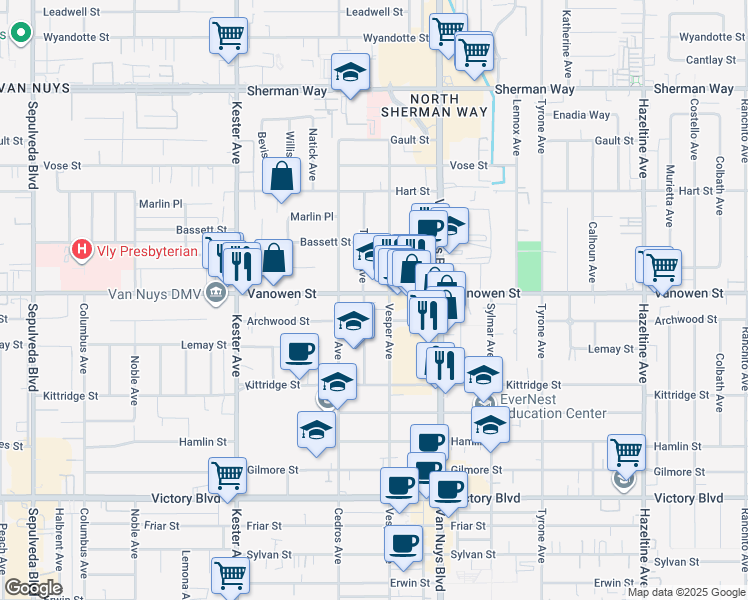 map of restaurants, bars, coffee shops, grocery stores, and more near 14629 Vanowen Street in Los Angeles