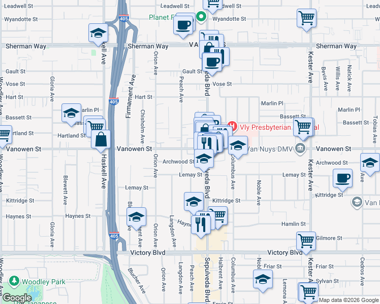 map of restaurants, bars, coffee shops, grocery stores, and more near 15319 Vanowen Street in Los Angeles