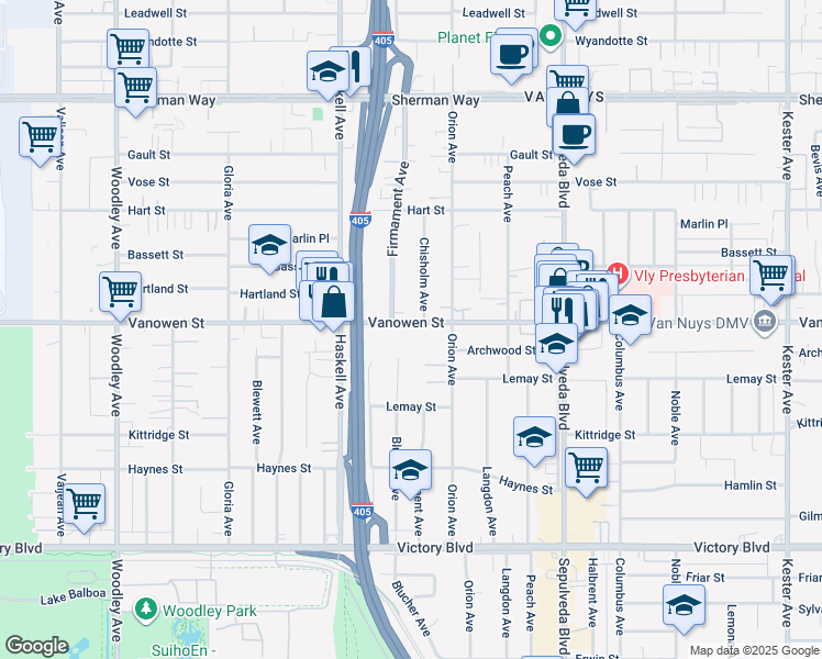map of restaurants, bars, coffee shops, grocery stores, and more near 6802 Chisholm Avenue in Los Angeles