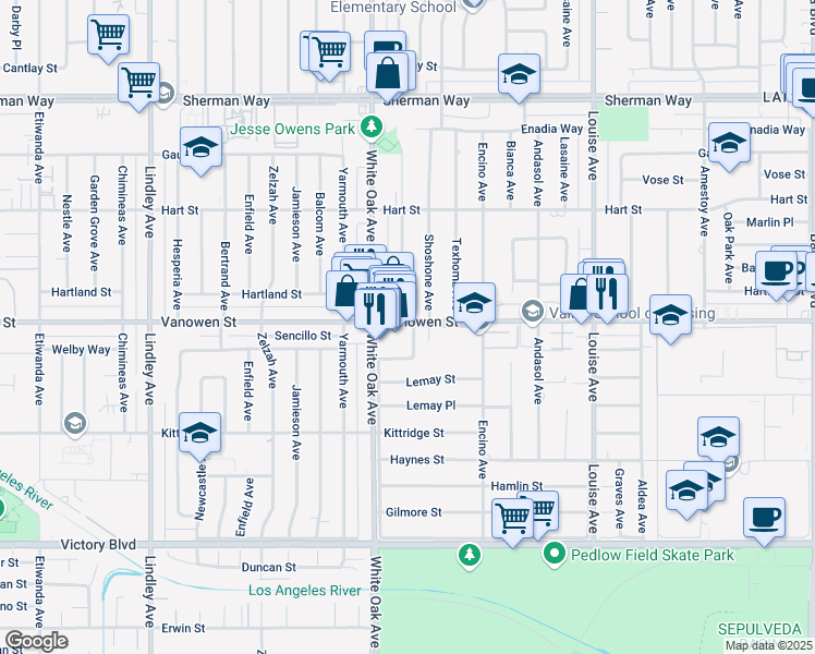 map of restaurants, bars, coffee shops, grocery stores, and more near 6803 Shoshone Avenue in Los Angeles