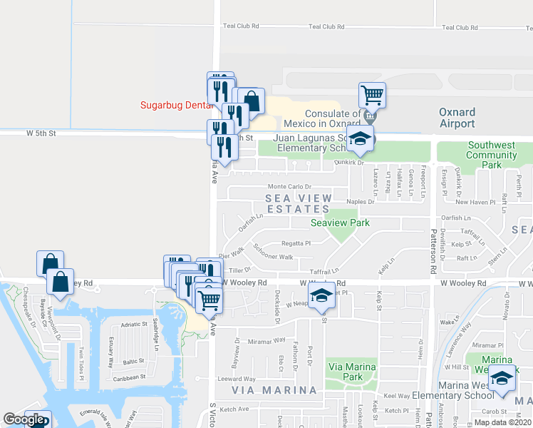 map of restaurants, bars, coffee shops, grocery stores, and more near 3601 Oarfish Lane in Oxnard