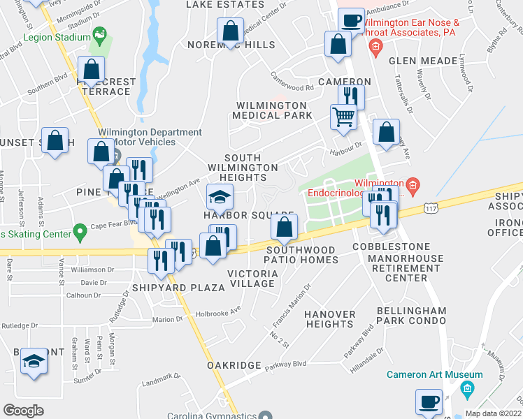 map of restaurants, bars, coffee shops, grocery stores, and more near 1192 Harbour Drive in Wilmington