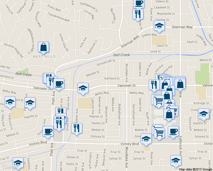 map of restaurants, bars, coffee shops, grocery stores, and more near Vanowen St & Berquist Ave in West Hills