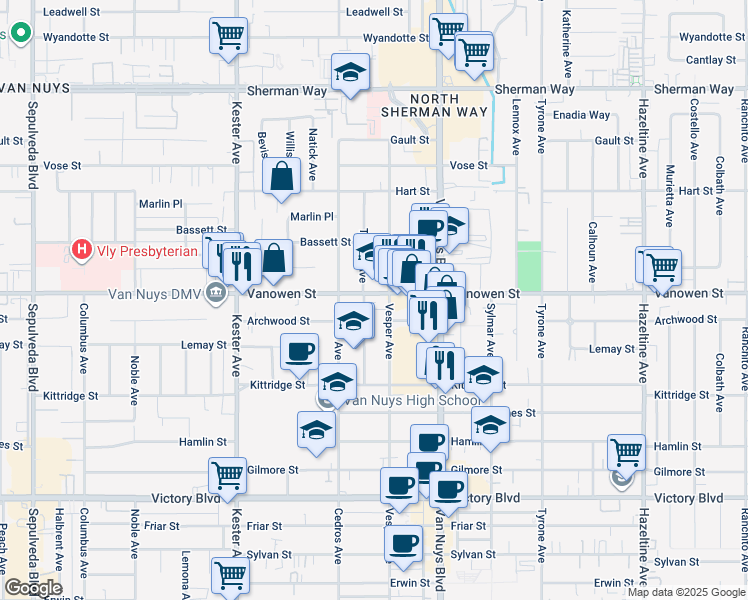 map of restaurants, bars, coffee shops, grocery stores, and more near 14629 Vanowen Street in Los Angeles