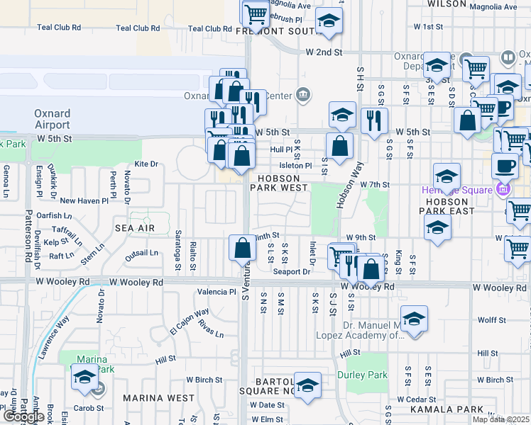 map of restaurants, bars, coffee shops, grocery stores, and more near 1309 Nautical Way in Oxnard