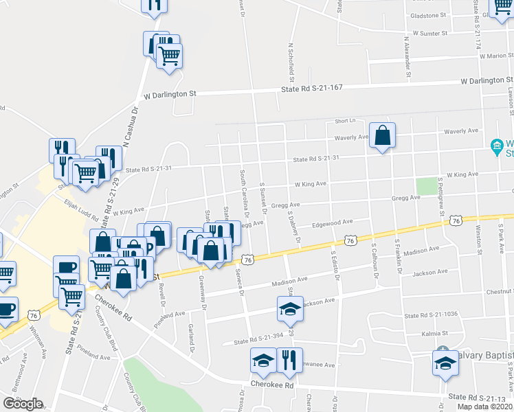 map of restaurants, bars, coffee shops, grocery stores, and more near 163 South Sunset Drive in Florence