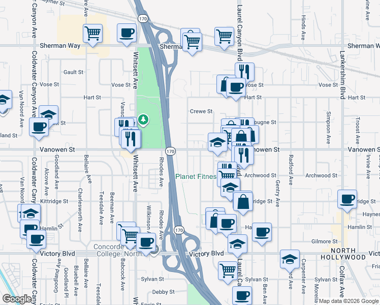 map of restaurants, bars, coffee shops, grocery stores, and more near 12256 Vanowen Street in Los Angeles