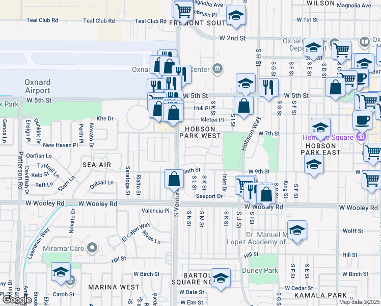 map of restaurants, bars, coffee shops, grocery stores, and more near 1309 Nautical Way in Oxnard
