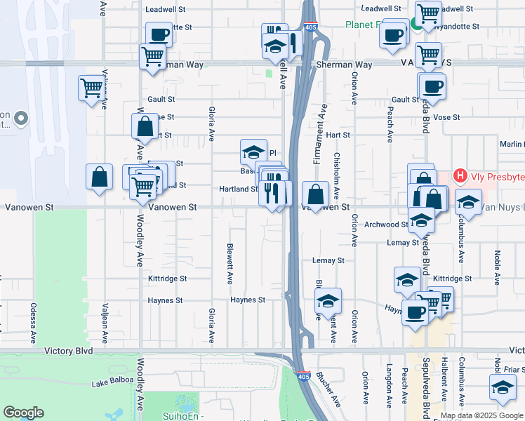 map of restaurants, bars, coffee shops, grocery stores, and more near 15736 Vanowen Street in Van Nuys