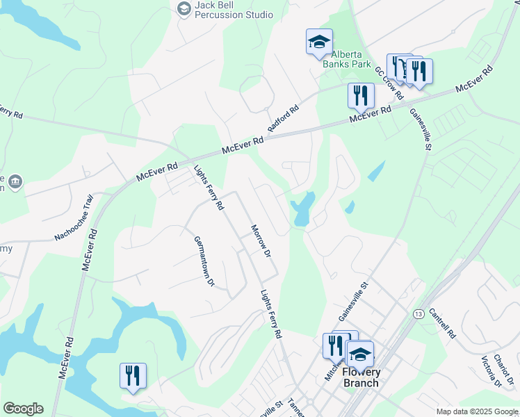 map of restaurants, bars, coffee shops, grocery stores, and more near 5766 Turnstone Trail in Flowery Branch