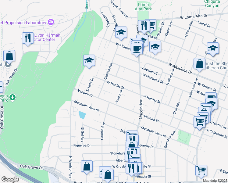 map of restaurants, bars, coffee shops, grocery stores, and more near 669 West Calaveras Street in Altadena