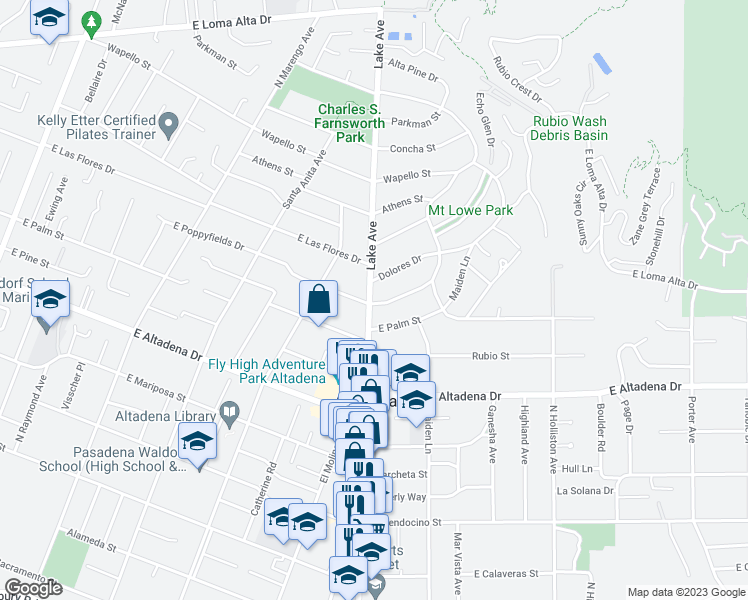 map of restaurants, bars, coffee shops, grocery stores, and more near 907 East Poppyfields Drive in Altadena