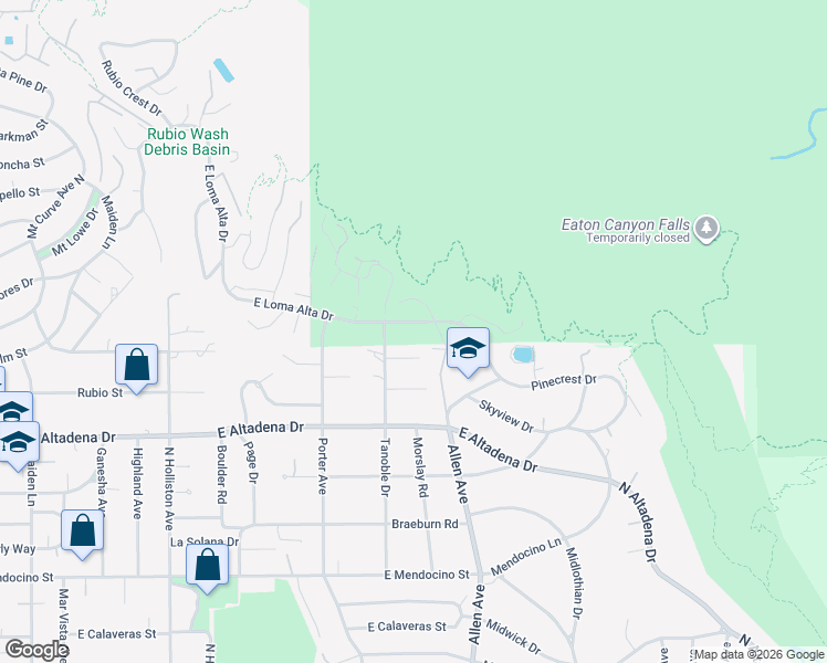map of restaurants, bars, coffee shops, grocery stores, and more near 1764 East Loma Alta Drive in Altadena