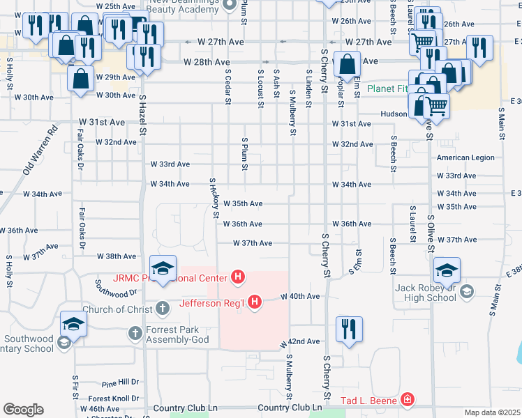 map of restaurants, bars, coffee shops, grocery stores, and more near 1312 West 35th Avenue in Pine Bluff