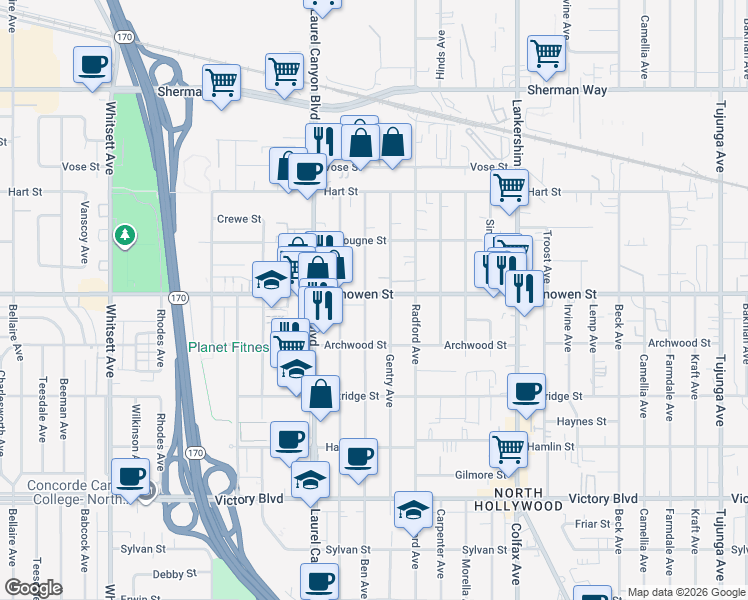 map of restaurants, bars, coffee shops, grocery stores, and more near 11954 Vanowen Street in Los Angeles