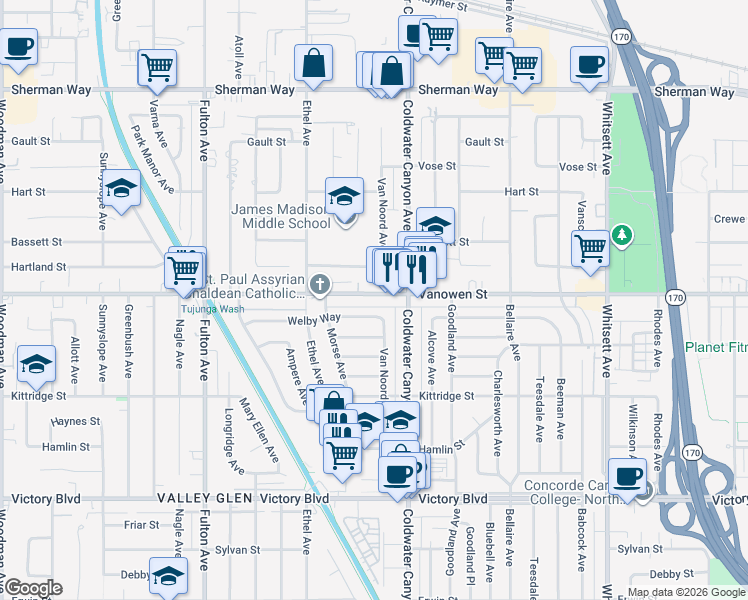 map of restaurants, bars, coffee shops, grocery stores, and more near 12938 Vanowen Street in Los Angeles
