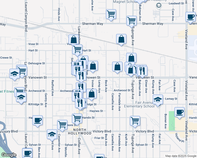map of restaurants, bars, coffee shops, grocery stores, and more near 11604 Vanowen Street in Los Angeles