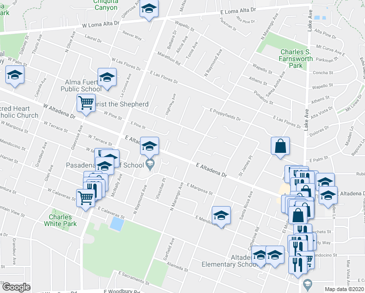 map of restaurants, bars, coffee shops, grocery stores, and more near 254 East Pentagon Street in Altadena