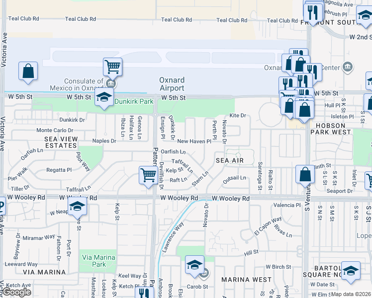 map of restaurants, bars, coffee shops, grocery stores, and more near 2521 Oarfish Lane in Oxnard