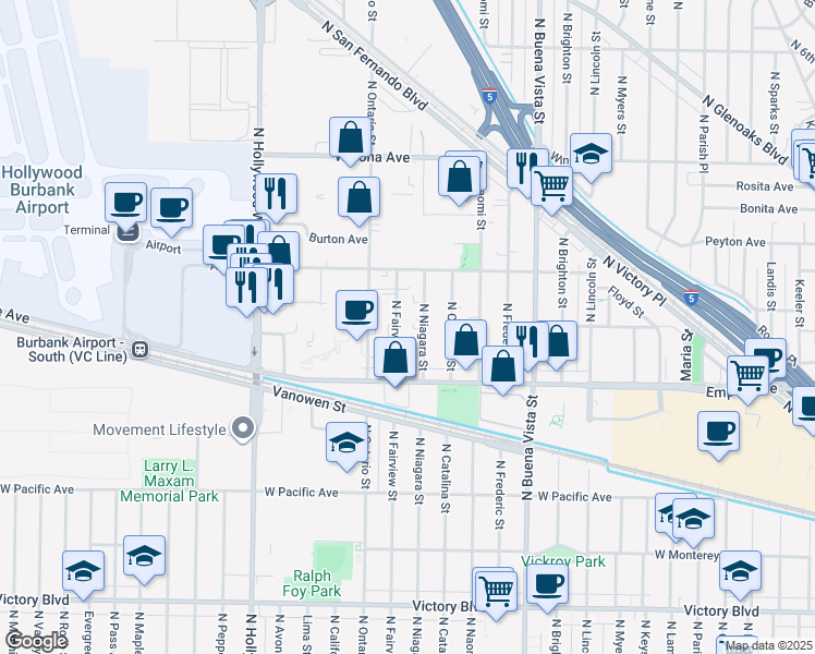map of restaurants, bars, coffee shops, grocery stores, and more near 2250 North Fairview Street in Burbank