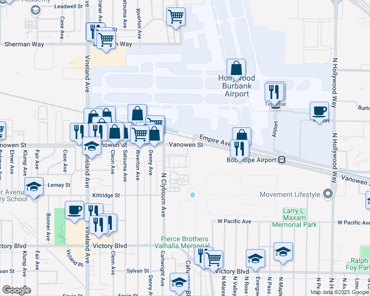 map of restaurants, bars, coffee shops, grocery stores, and more near 6736 Vanowen Street in Burbank
