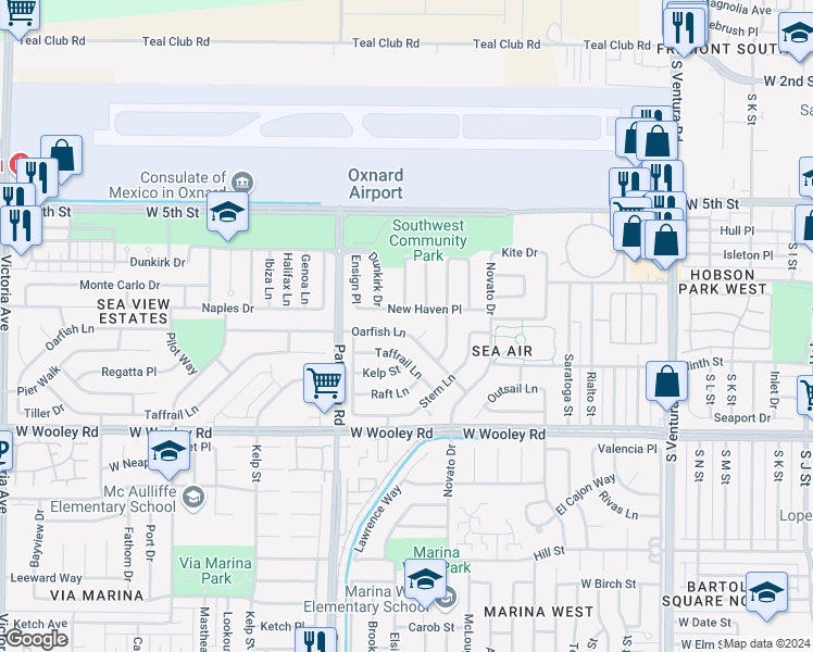 map of restaurants, bars, coffee shops, grocery stores, and more near 2521 Oarfish Lane in Oxnard